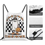 Personalized Pumpkin Trick or Treat Candy Drawstring Bag Halloween Ghost Skeleton Backpack with Checkerboard Halloween Birthday Party Gift