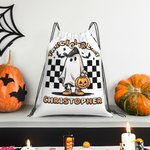 Personalized Pumpkin Trick or Treat Candy Drawstring Bag Halloween Ghost Skeleton Backpack with Checkerboard Halloween Birthday Party Gift