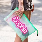 Personalised Pink Curved Font Waterproof Beach Cosmetic Bag Toiletry Bag with Name Bridesmaid Bachelorette Party Wedding Gift for Her