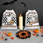 Personalized Pumpkin Trick or Treat Candy Drawstring Bag Halloween Ghost Skeleton Backpack with Checkerboard Halloween Birthday Party Gift