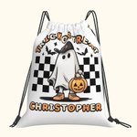 Personalized Pumpkin Trick or Treat Candy Drawstring Bag Halloween Ghost Skeleton Backpack with Checkerboard Halloween Birthday Party Gift