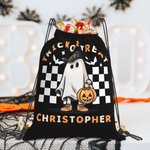 Personalized Pumpkin Trick or Treat Candy Drawstring Bag Halloween Ghost Skeleton Backpack with Checkerboard Halloween Birthday Party Gift