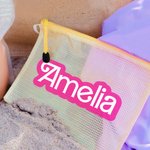 Personalised Pink Curved Font Waterproof Beach Cosmetic Bag Toiletry Bag with Name Bridesmaid Bachelorette Party Wedding Gift for Her