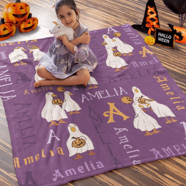 Personalisierte Halloween Geist Gans Kürbis weiche Decke mit Namen Halloween Geschenk für Kinder