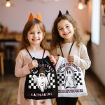 Personalized Pumpkin Trick or Treat Candy Drawstring Bag Halloween Ghost Skeleton Backpack with Checkerboard Halloween Birthday Party Gift