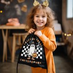 Personalized Pumpkin Trick or Treat Candy Drawstring Bag Halloween Ghost Skeleton Backpack with Checkerboard Halloween Birthday Party Gift
