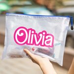 Personalised Pink Curved Font Waterproof Beach Cosmetic Bag Toiletry Bag with Name Bridesmaid Bachelorette Party Wedding Gift for Her