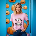 Maglietta personalizzata con nome e cognome Halloween Ghost Pumpkin, regalo di Halloween per la famiglia e gli amici.
