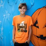 Maglietta personalizzata con nome e cognome Halloween Ghost Pumpkin, regalo di Halloween per la famiglia e gli amici.