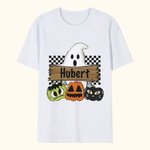 Maglietta personalizzata con nome e cognome Halloween Ghost Pumpkin, regalo di Halloween per la famiglia e gli amici.