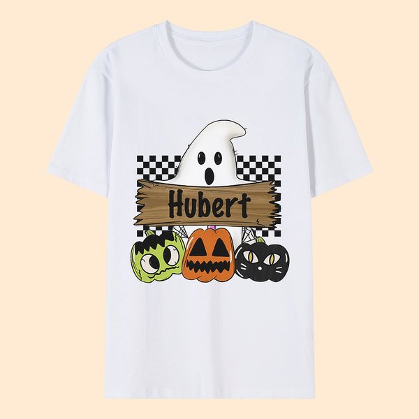 Maglietta personalizzata con nome e cognome Halloween Ghost Pumpkin, regalo di Halloween per la famiglia e gli amici.