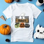 Maglietta personalizzata con nome e cognome Halloween Ghost Pumpkin, regalo di Halloween per la famiglia e gli amici.