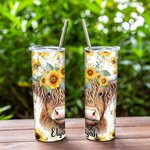Gepersonaliseerde Highland Cow Zonnebloemen Ontwerp 20oz Tumbler Naam Koffie Reisbeker met Rietje en Schoonmaakborstel Verjaardagscadeau voor Highland