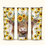 Gepersonaliseerde Highland Cow Zonnebloemen Ontwerp 20oz Tumbler Naam Koffie Reisbeker met Rietje en Schoonmaakborstel Verjaardagscadeau voor Highland
