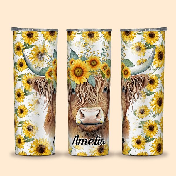 Gepersonaliseerde Highland Cow Zonnebloemen Ontwerp 20oz Tumbler Naam Koffie Reisbeker met Rietje en Schoonmaakborstel Verjaardagscadeau voor Highland