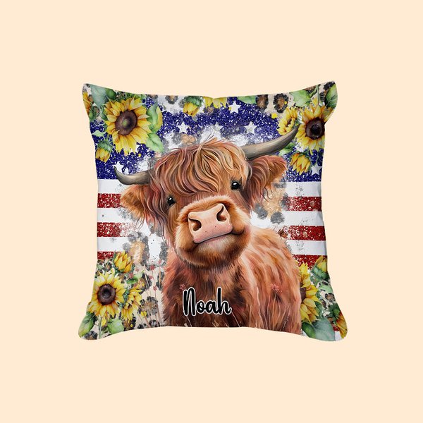 Personalizzato Patriot American Flag Highland Cow Design Throw Pillow Cover Compleanno regalo di Natale per gli amanti delle mucche Highland