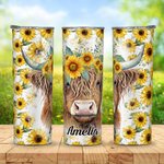 Gepersonaliseerde Highland Cow Zonnebloemen Ontwerp 20oz Tumbler Naam Koffie Reisbeker met Rietje en Schoonmaakborstel Verjaardagscadeau voor Highland