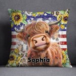 Personalizzato Patriot American Flag Highland Cow Design Throw Pillow Cover Compleanno regalo di Natale per gli amanti delle mucche Highland