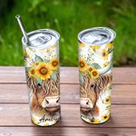 Gepersonaliseerde Highland Cow Zonnebloemen Ontwerp 20oz Tumbler Naam Koffie Reisbeker met Rietje en Schoonmaakborstel Verjaardagscadeau voor Highland