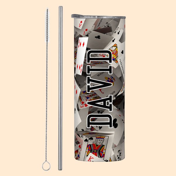 Personalised Poker 3D Playing Cards 20oz Skinny Tumbler with Straw Deck Cards Mug Travel Cup Funny Gift for Poker Player