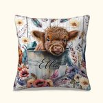 Gepersonaliseerde Baby Highland Cow In a Bucket Kussenhoes Bohemia Kussenhoes Decoratie Verjaardag Housewarming Newborn Gift voor Kid Highland Cow lie
