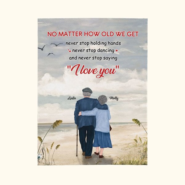 Gepersonaliseerde No Matter How Old We Get Never Stop Holding Hands Flannel Sherpa deken cadeau voor vrouw huwelijksverjaardag cadeau