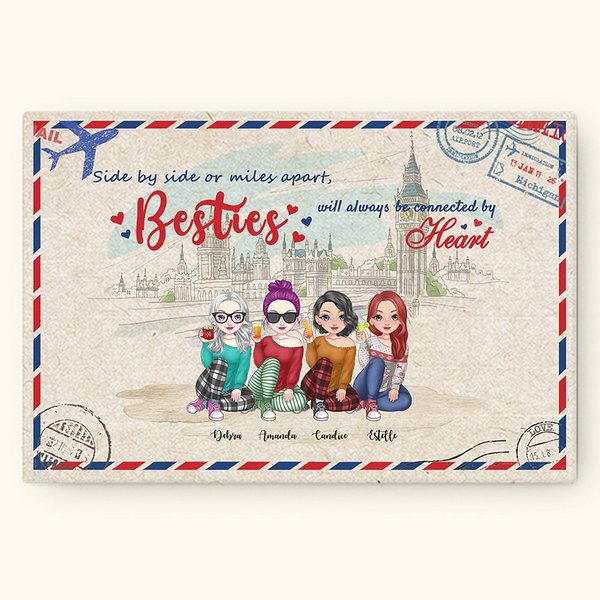 Personalized Besties Will Always Be Connected By Heart Frameless Painting Anniversary Wall Art Print with Names Birthday Gift for Girls