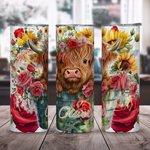 Personalised Highland Cow Rose and Sunflower Design 20oz Tumbler Name Travel Coffee Cup Birthday Christmas Gift for Highland Cow Lover