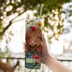 Personalised Highland Cow Rose and Sunflower Design 20oz Tumbler Name Travel Coffee Cup Birthday Christmas Gift for Highland Cow Lover