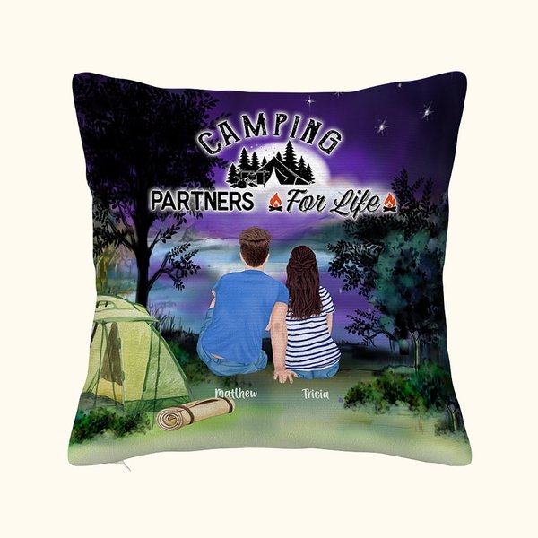 Personalizzato Camping Partners For Life Family Throw Pillow Cover Decorazione per la casa Regalo di anniversario Regalo di compleanno