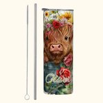 Personalised Highland Cow Rose and Sunflower Design 20oz Tumbler Name Travel Coffee Cup Birthday Christmas Gift for Highland Cow Lover