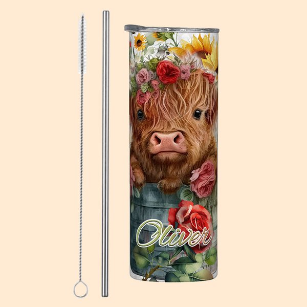 Personalised Highland Cow Rose and Sunflower Design 20oz Tumbler Name Travel Coffee Cup Birthday Christmas Gift for Highland Cow Lover