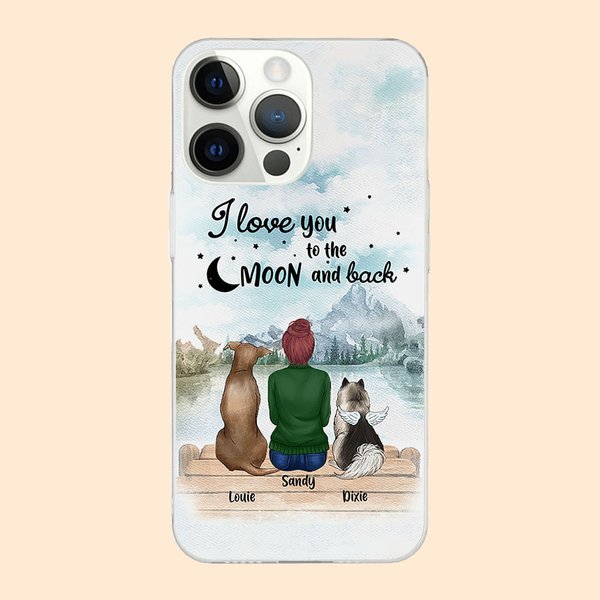 Funda personalizada I Love You To The Moon And Back Mountain and River Regalo de cumpleaños para los amantes de los perros