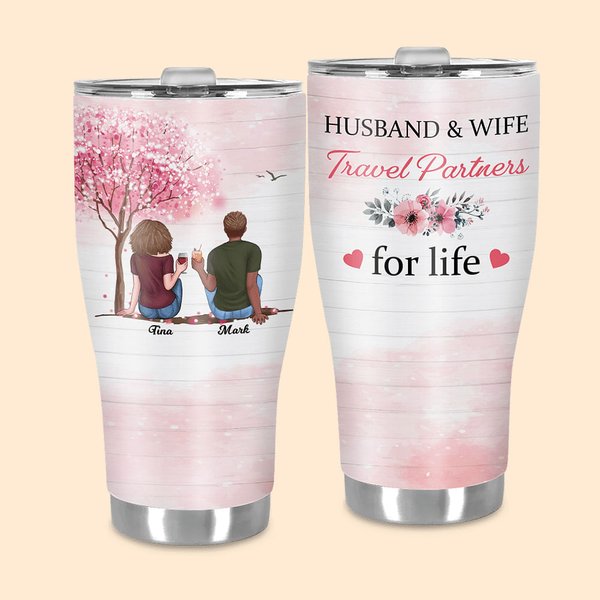 Personalised Husband and Wife Travel Partners for Life Pink Tree 30oz Curved Tumbler with Straw Anniversary Valentine's Day Gift for Couple