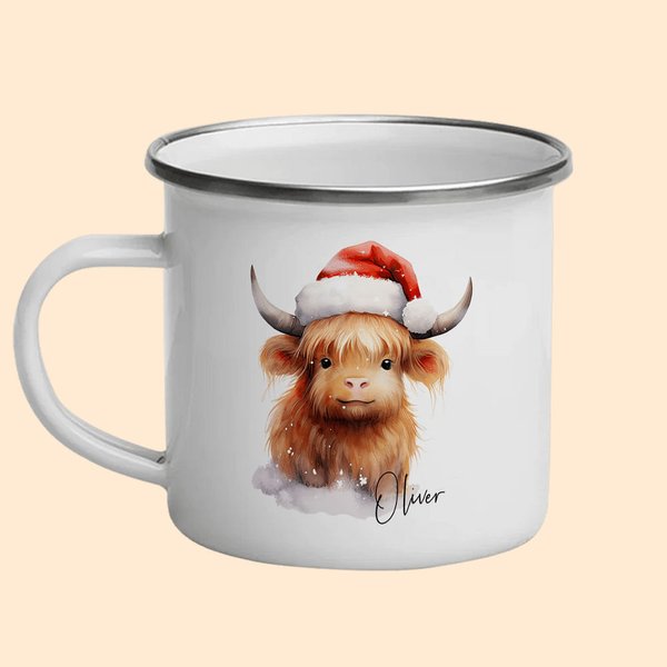 Personalized Highland Cow Scottish Cow Enamel Mug 11oz Cup Christmas Gift for Women Baby Cow Lover