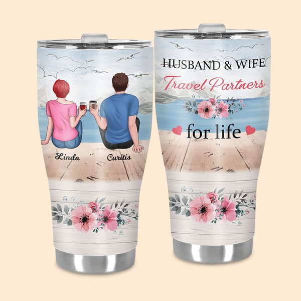 Personalised Husband and Wife Travel Partners for Life 30oz Names Curved Tumbler with Straw Anniversary Valentine's Day Gift for Couple