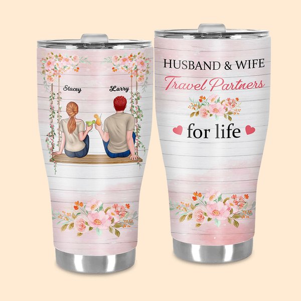 Personalised Husband and Wife Travel Partners for Life Flower Swing 30oz Curved Tumbler with Straw Anniversary Valentine's Day Gift for Couple