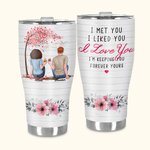 Personalized I Met You I Like You I Love You Couple Sitting Under Love Tree Curved Tumbler with Straw Anniversary Valentine's Day Gift for Couple