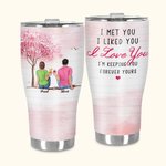 Personalized I Met You I Like You I Love You Couple Sitting Under Cherry Tree Curved Tumbler with Straw Anniversary Valentine's Day Gift for Couple