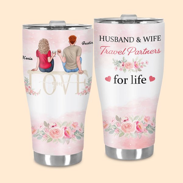 Personalised Husband and Wife Travel Partners for Life Love Names Curved Tumbler with Straw Anniversary Valentine's Day Gift for Couple