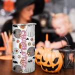 Gobelet 450ml Personnalisé avec Nom Style Fantômes Mignons Gobelet avec Couvercle Étanche Cadeau Halloween pour Enfant