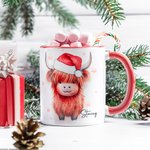 Personalisierte Hochlandrind mit Weihnachtsmannmütze Keramiktasse 330ml Doppelseitiger Druck Weihnachtsgeschenk für Familie Freunde