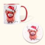 Personalisierte Hochlandrind mit Weihnachtsmannmütze Keramiktasse 330ml Doppelseitiger Druck Weihnachtsgeschenk für Familie Freunde