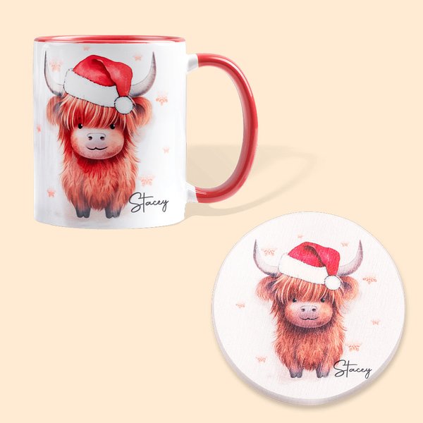 Personalisierte Hochlandrind mit Weihnachtsmannmütze Keramiktasse 330ml Doppelseitiger Druck Weihnachtsgeschenk für Familie Freunde