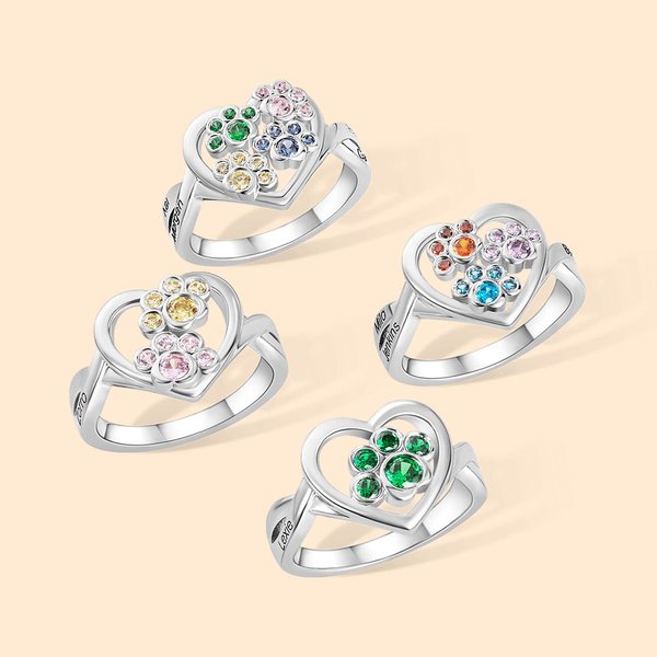 Bague Personnalisée avec Patte Nom Gravé Pierre de Naissance Cadeau pour Amoureux des Animaux de Compagnie