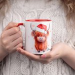 Personalisierte Hochlandrind mit Weihnachtsmannmütze Keramiktasse 330ml Doppelseitiger Druck Weihnachtsgeschenk für Familie Freunde