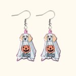 Gepersonaliseerde Halloween Schattige Spook Hond Patroon Glitter Acryl Bengelen Oorbellen Halloween Verjaardag Gift voor Dog Lover