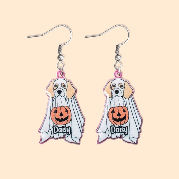 Personalised Halloween Cute Ghost Dog Pattern Glitter Acrylic Dangle Earrings Halloween Birthday Gift for Dog Lover
