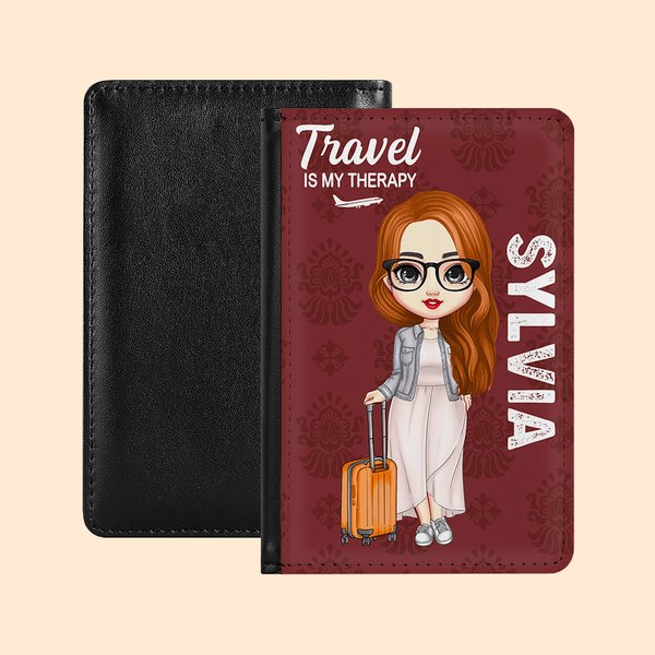 Viaje personalizado es mi terapia Funda portátil para pasaporte con nombre Accesorio de viaje Cumpleaños Regalo de Navidad para amigos Familia