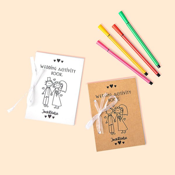 Personalised Children's Wedding Activity Pack Colouring Books with 4 pcs Watercolour Pens Wedding Entertainment Games Favors for Kids